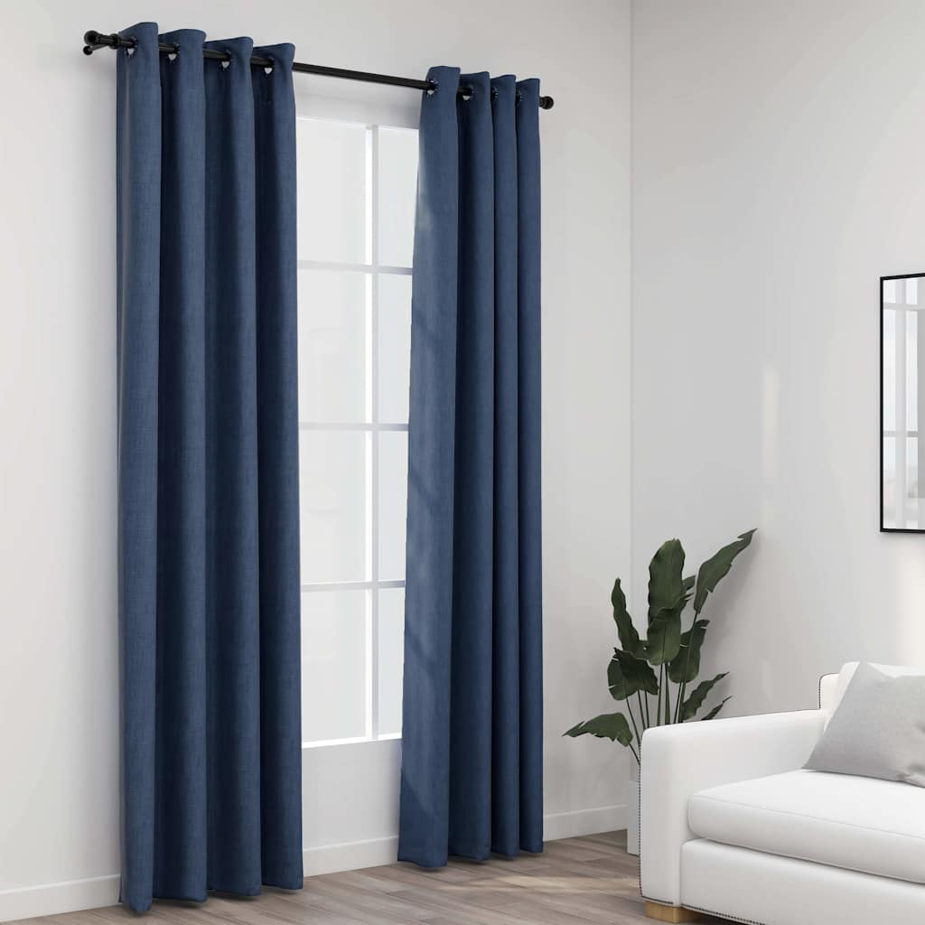 vidaXL Linen-Look Blackout Curtains with Grommets 2 pcs Blue 140x225cm 1