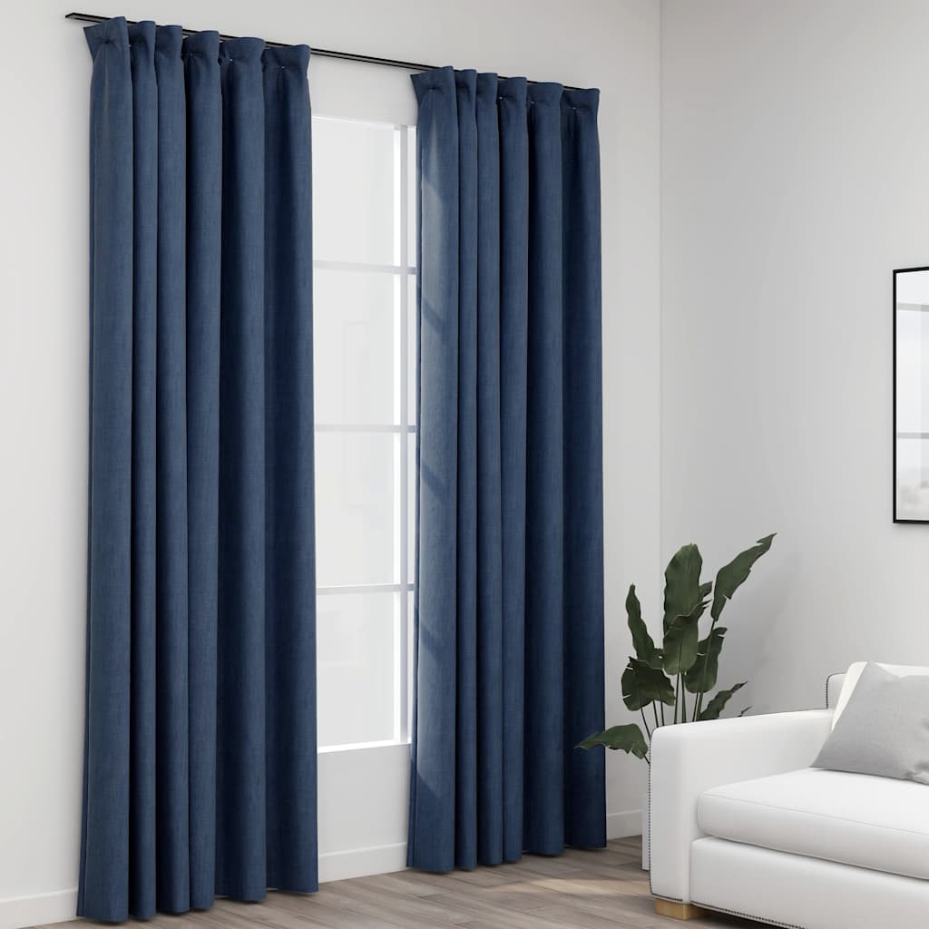 vidaXL Linen-Look Blackout Curtains with Hooks 2 pcs Blue 140x225 cm 1