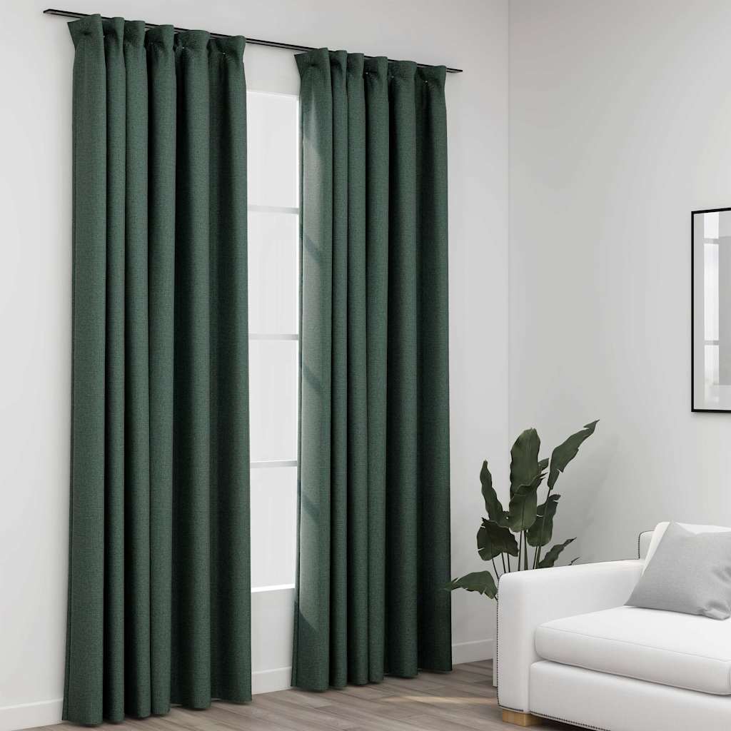 vidaXL Linen-Look Blackout Curtains with Hooks 2 pcs Green 140x225 cm 1