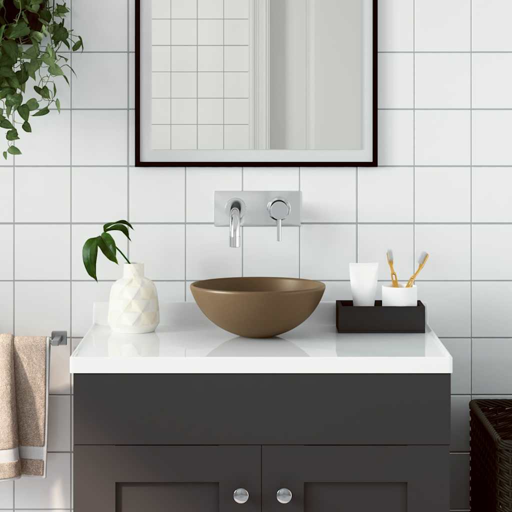 vidaXL Bathroom Sink Ceramic Matt Cream Round 1