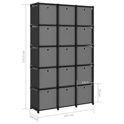 Estantería expositora de 15 cubos con cajas de tela negra de 103 x 30 x 175,5 cm