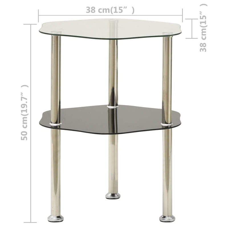 2-Tier Side Table Transparent & Black 38x38x50cm Tempered Glass