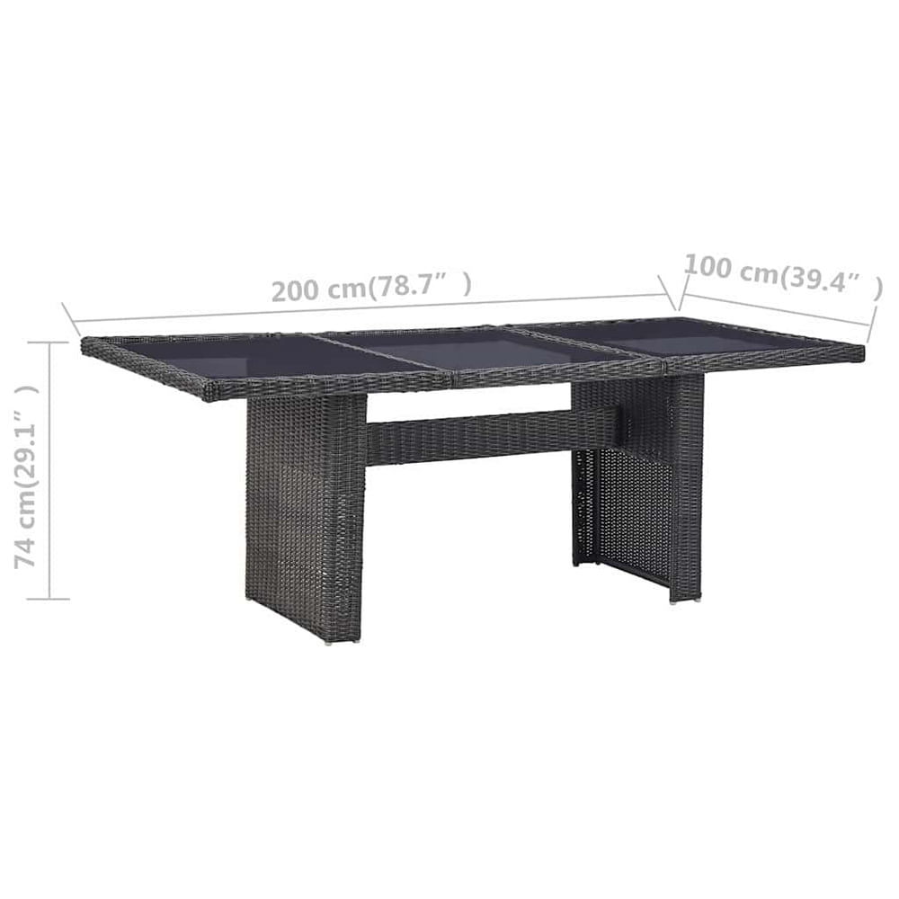 Garden Dining Table Brown 200x100x74 cm Glass and Poly Rattan Black