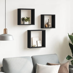 vidaXL Wall Cube Shelf | Set of 3 | Black | MDF | Large, Medium, Small 3