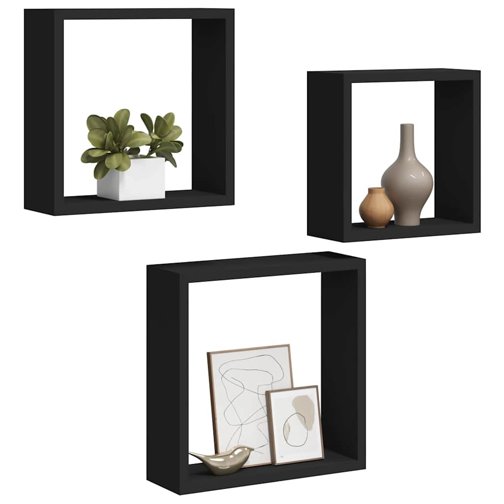 vidaXL Wall Cube Shelf | Set of 3 | Black | MDF | Large, Medium, Small 4