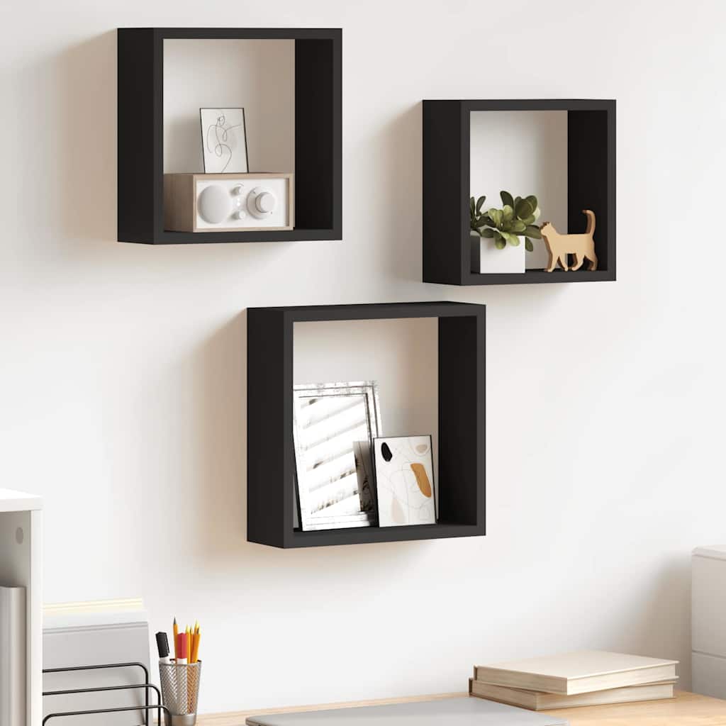 vidaXL Wall Cube Shelf | Set of 3 | Black | MDF | Large, Medium, Small 1