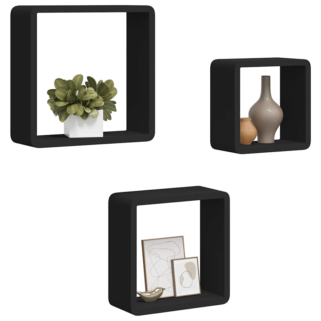 vidaXL Wall Cube Shelf | Set of 3 | Black | MDF | Large, Medium, Small 4
