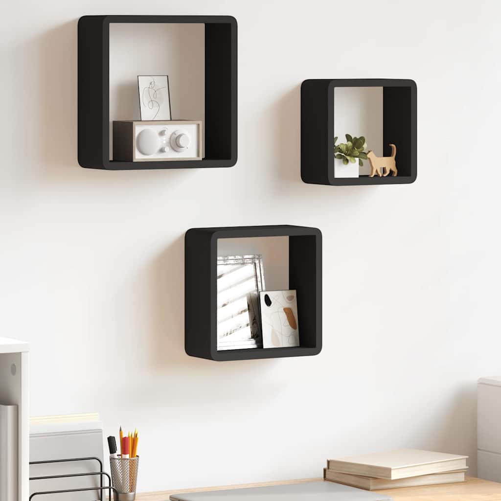 vidaXL Wall Cube Shelf | Set of 3 | Black | MDF | Large, Medium, Small 1