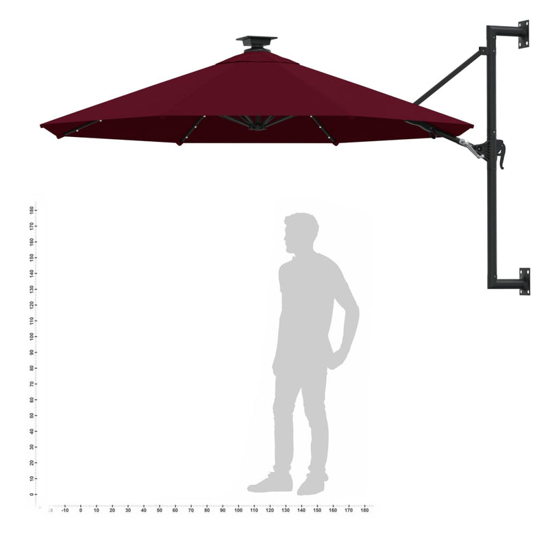 Wall-mounted Parasol with LEDs and Metal Pole 300 cm Burgundy