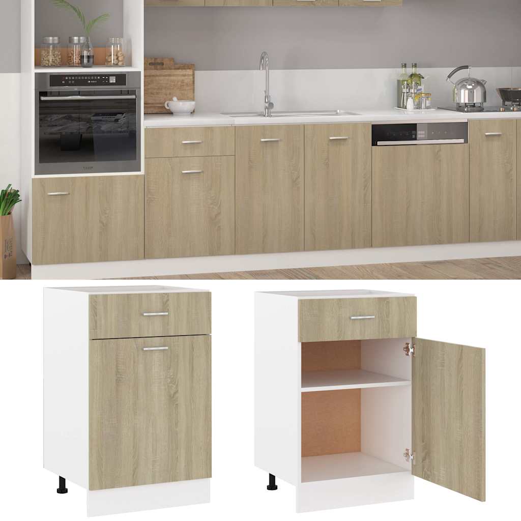 Kitchen Base Cabinet "Lyon" Engineered Wood Sonoma oak 1x bottom cabinet (1 door 1 drawer) 30–1x hanging cabinet (1 door) 30 cm wide 100 cm high 1x bottom cabinet (1 door 1 drawer) 50 cm
