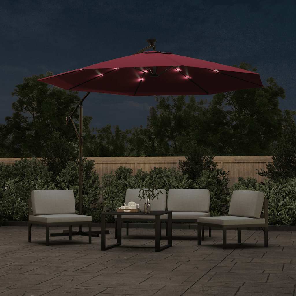 vidaXL Cantilever Garden Parasol with LED Lights and Steel Pole Wine Red 3