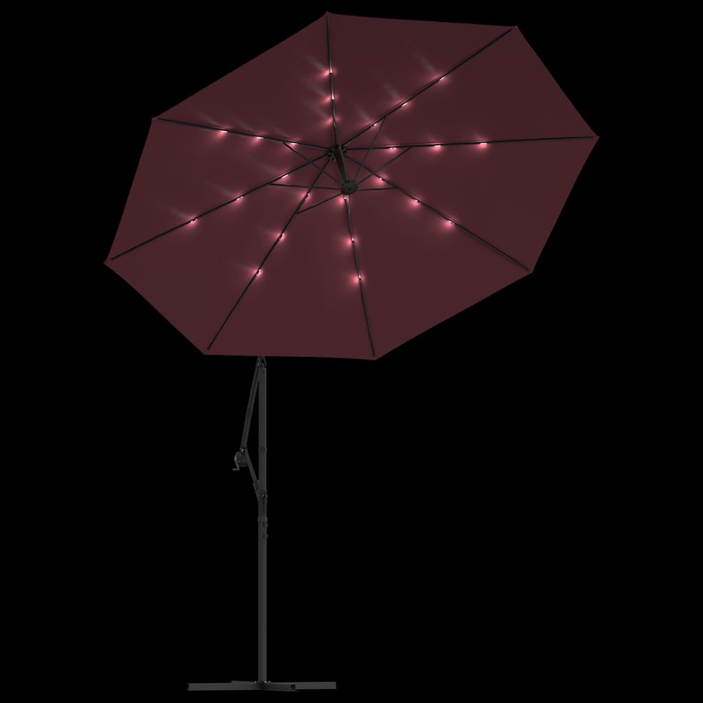vidaXL Cantilever Garden Parasol with LED Lights and Steel Pole Wine Red 6