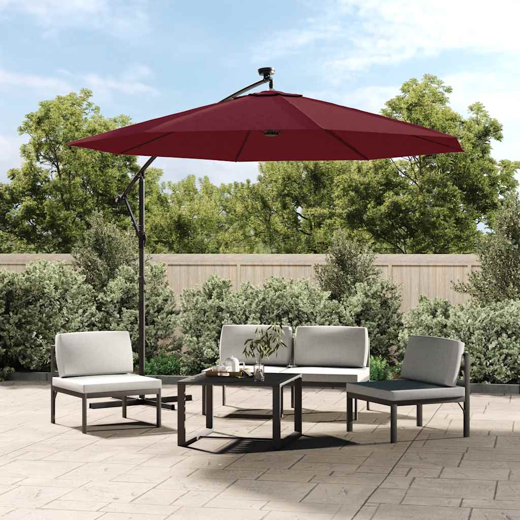 vidaXL Cantilever Garden Parasol with LED Lights and Steel Pole Wine Red 1