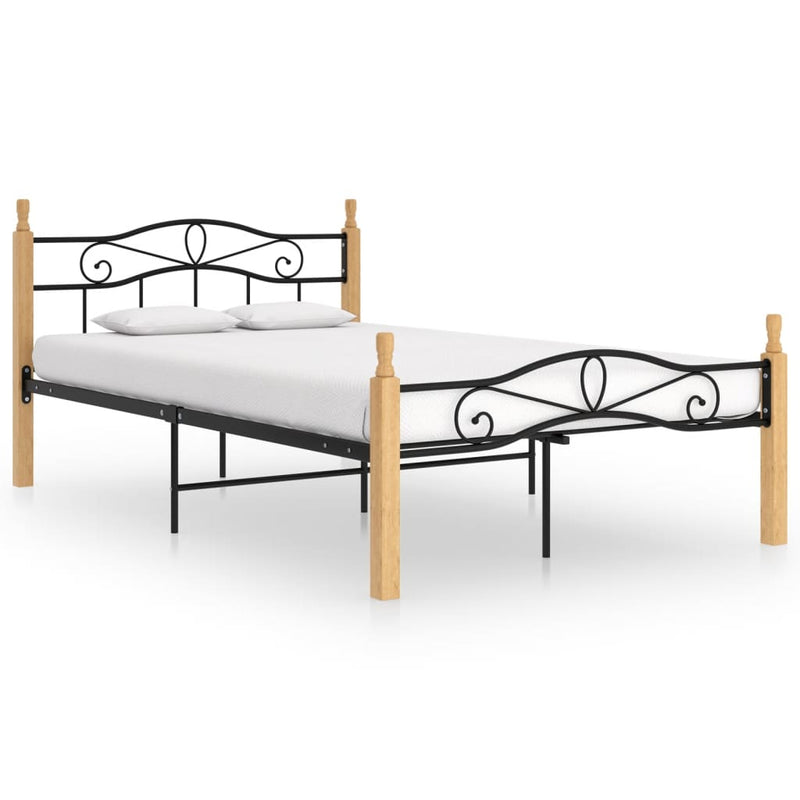 Bed Frame Black Metal and Solid Oak Wood 120x200 cm