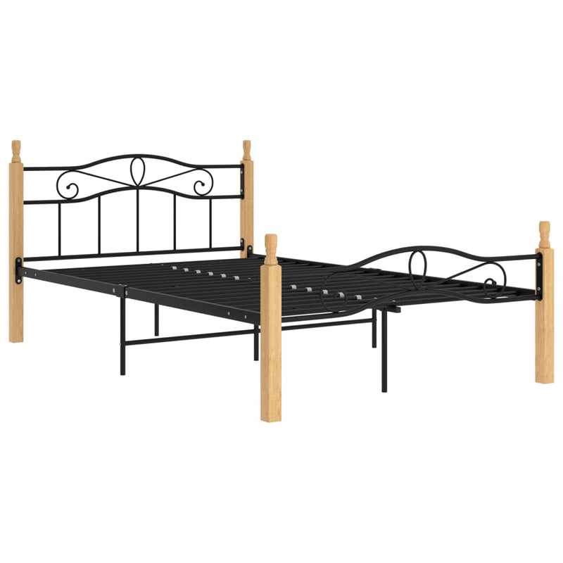 Bed Frame Black Metal and Solid Oak Wood 120x200 cm