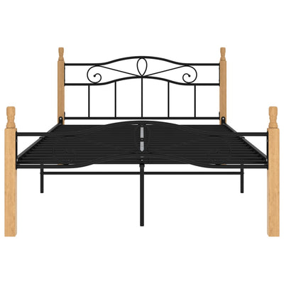 Bed Frame Black Metal and Solid Oak Wood 120x200 cm