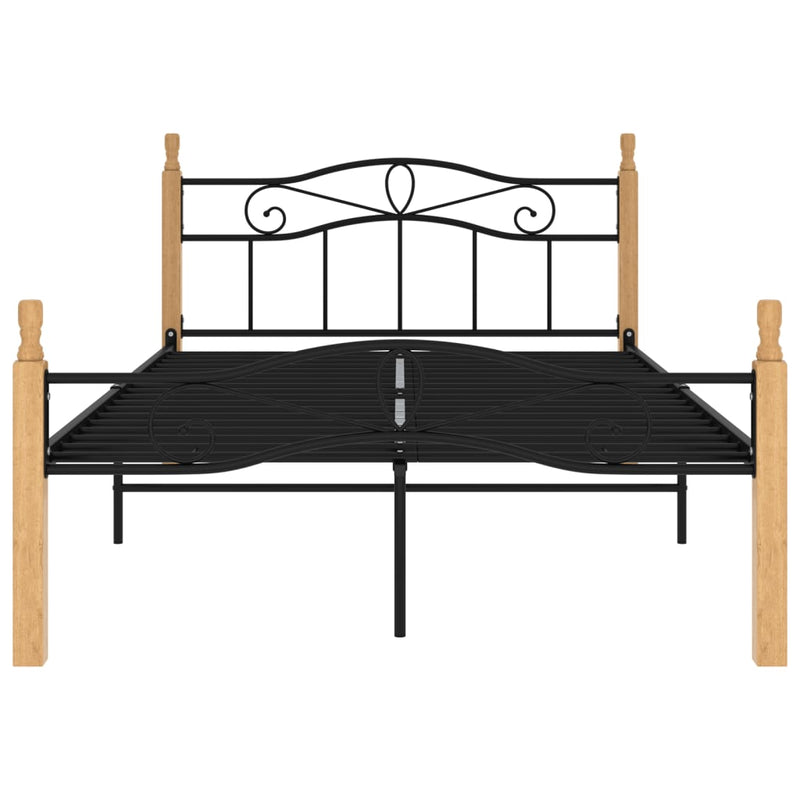 Bed Frame Black Metal and Solid Oak Wood 120x200 cm