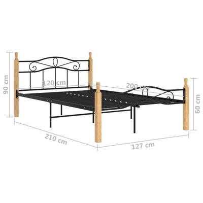 Bed Frame Black Metal and Solid Oak Wood 120x200 cm