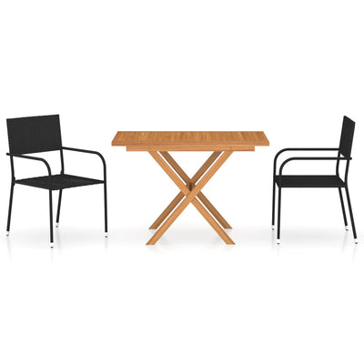 Juego de comedor de jardín de 3 piezas de ratán sintético y madera maciza de acacia en color negro