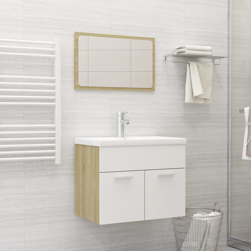 2 Piece Bathroom Furniture Set White and Sonoma Oak Engineered Wood