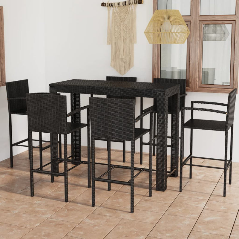 7 Piece Outdoor Bar Set with Armrest Poly Rattan Black