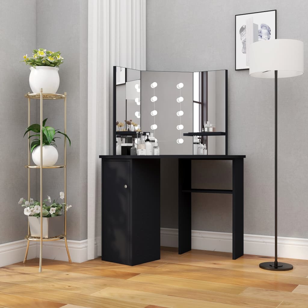 vidaXL Corner Dressing Table with LED Black 111x54x141.5 cm 1