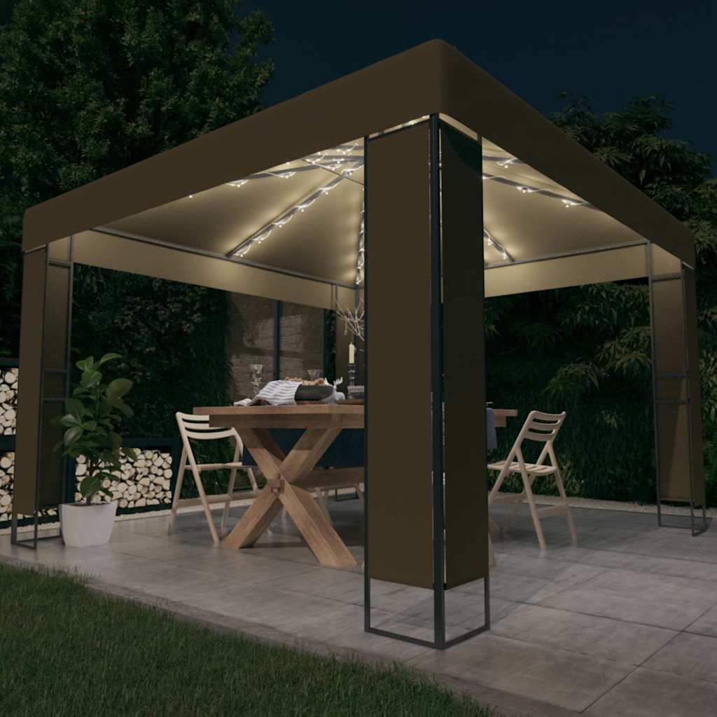 Gazebo with Double Roof&LED String Lights 3x3 m Taupe