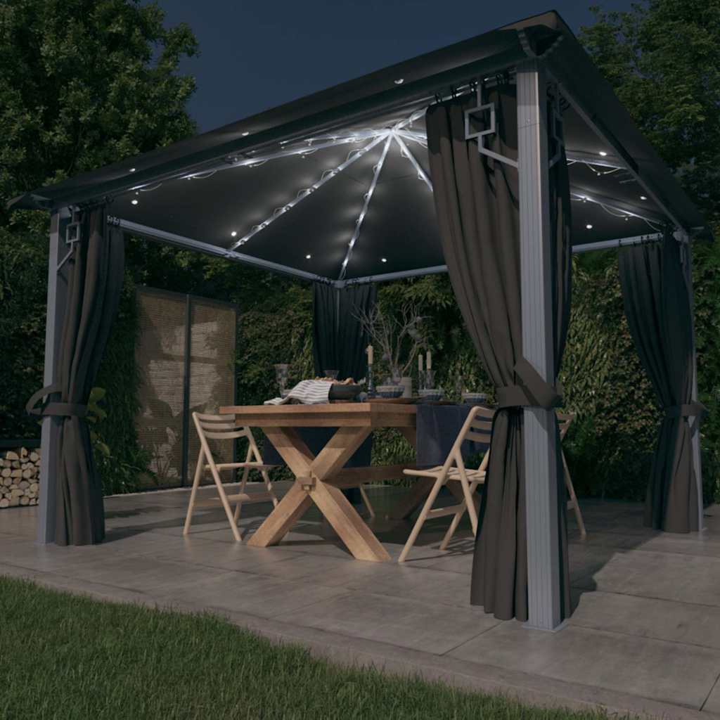 Gazebo with Curtain&LED String Lights 3x3 m Aluminium Anthracite 300 x 300 cm