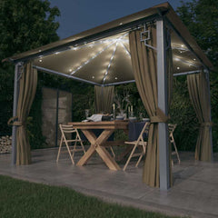 Gazebo with Curtain&LED String Lights 3x3 m Aluminium Taupe 300 x 300 cm
