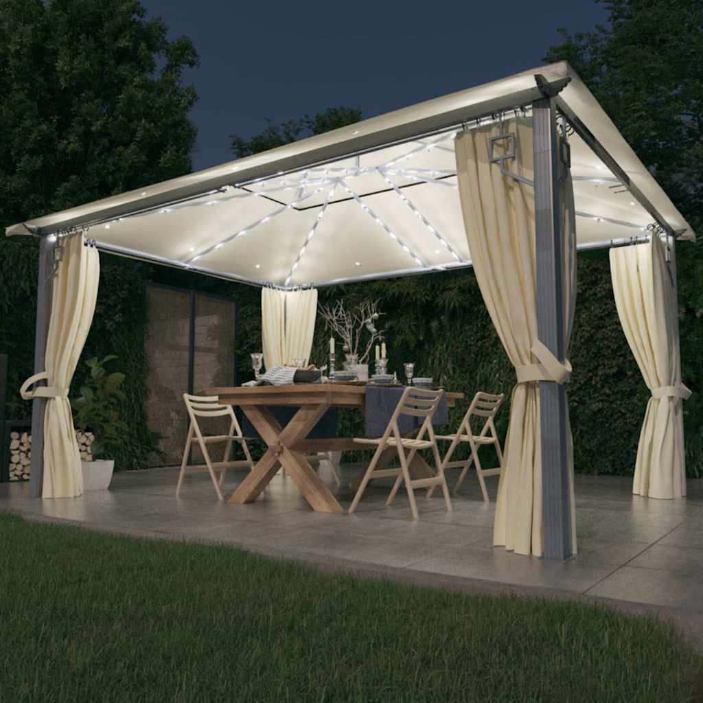 Gazebo with Curtain&LED String Lights 3x3 m Aluminium Cream 400 x 300 cm