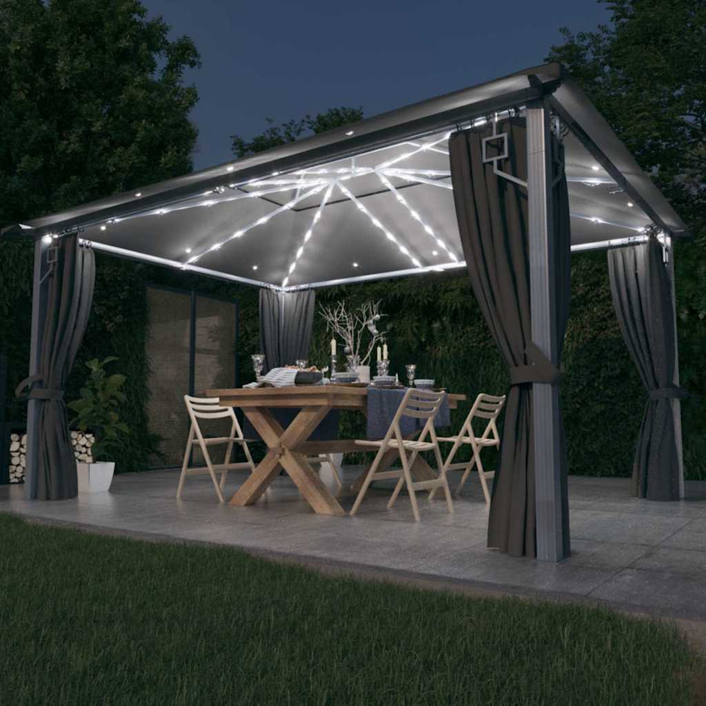 Gazebo with Curtain&LED String Lights 3x3 m Aluminium Anthracite 400 x 300 cm
