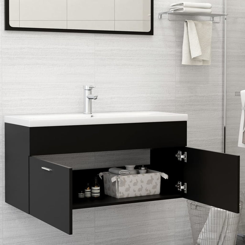 Sink Cabinet with Built-in Basin Black Engineered Wood