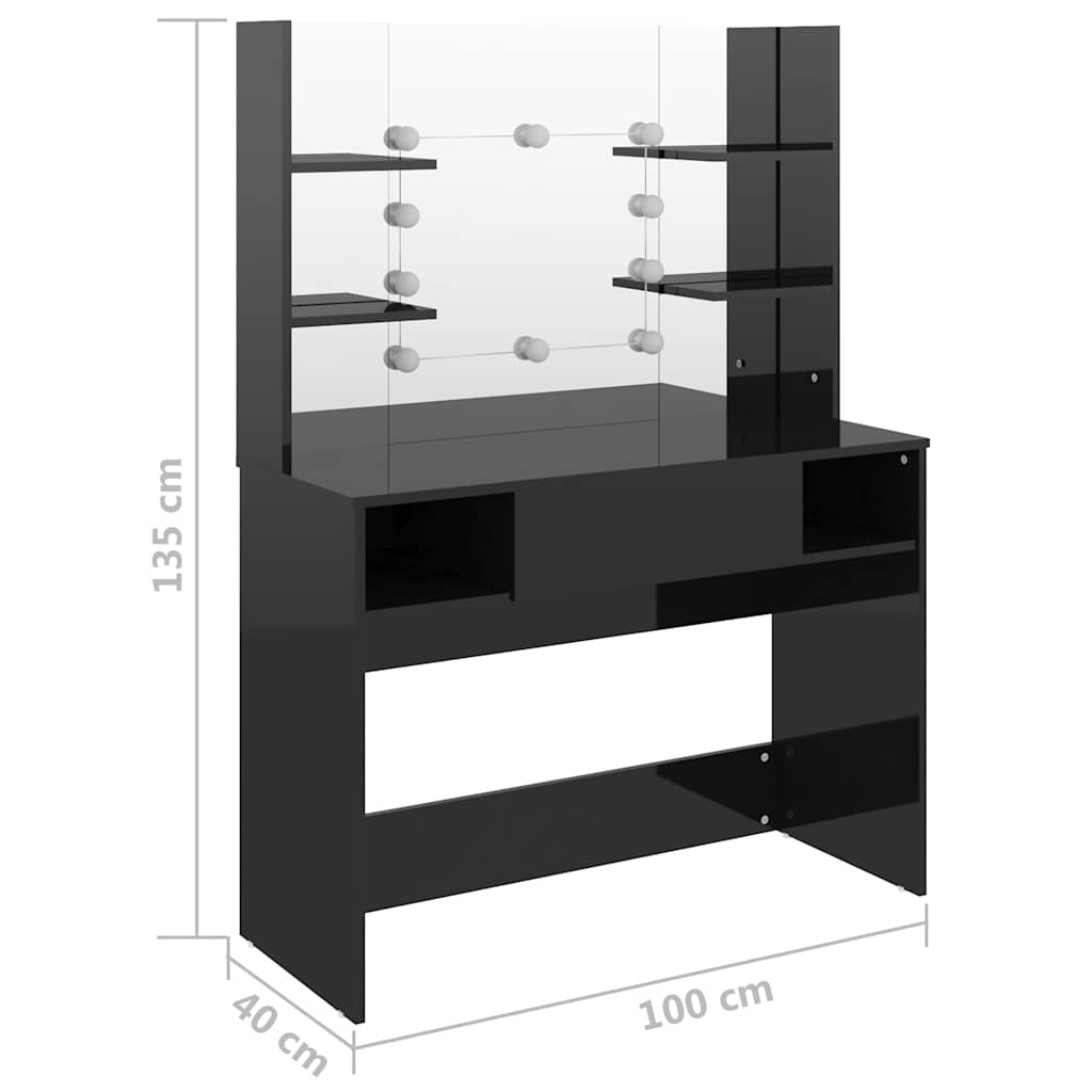 vidaXL Makeup Table with LED Lights 100x40x135 cm MDF Shining Black 6