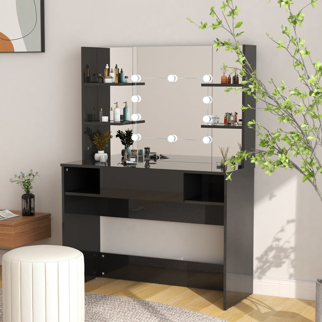vidaXL Makeup Table with LED Lights 100x40x135 cm MDF Shining Black 1