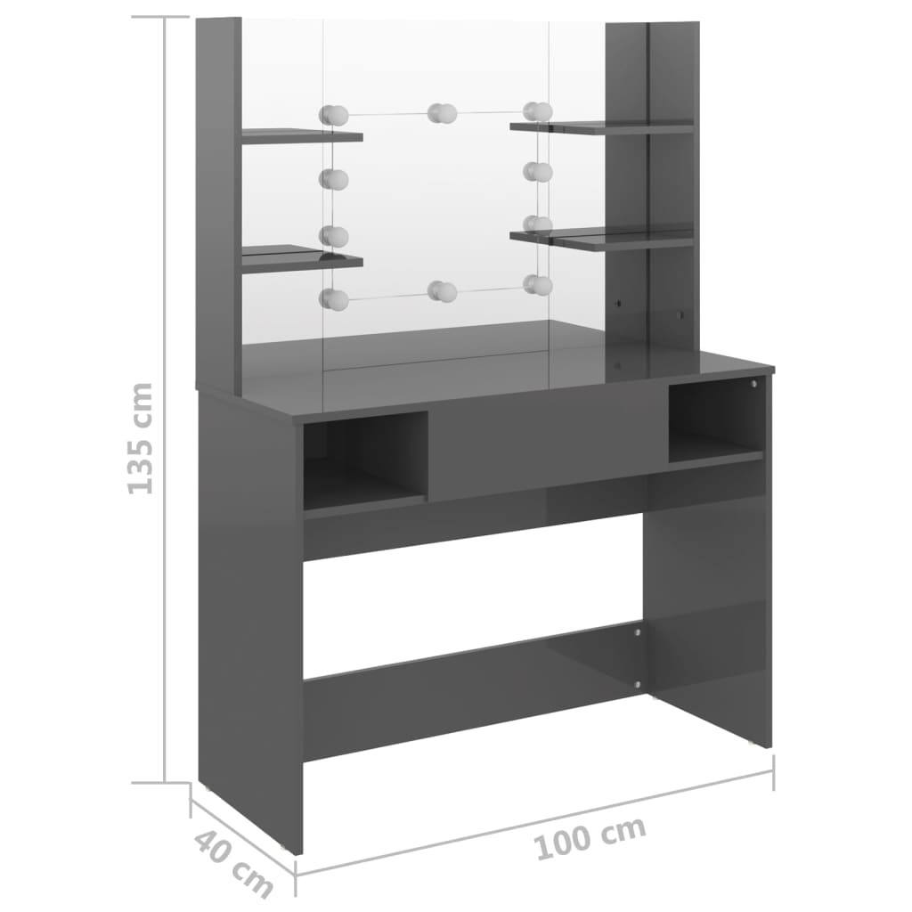 vidaXL Makeup Table with LED Lights 100x40x135 cm MDF Shining Grey 6