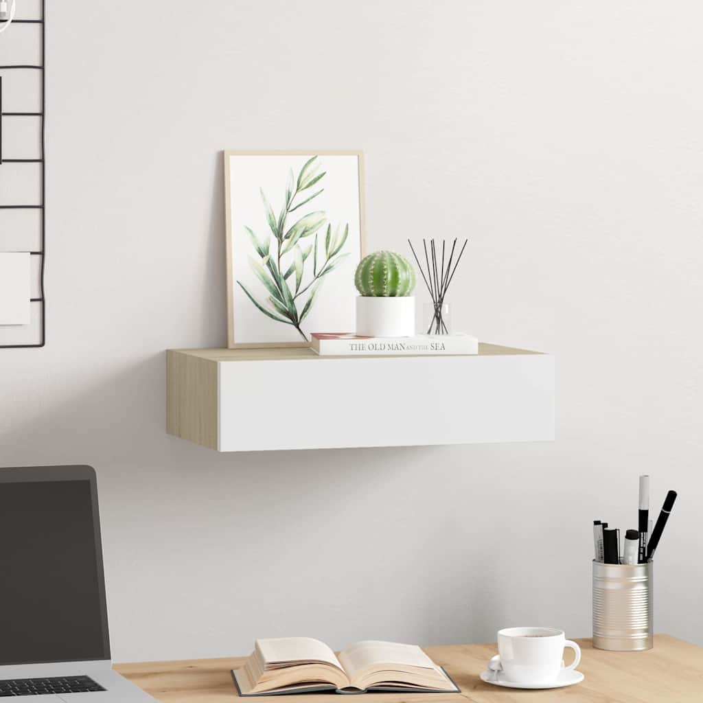 Wall-mounted Drawer Shelf 40x23,5x10cm MDF 1 Oak and white 40 x 23.5 x 10 cm