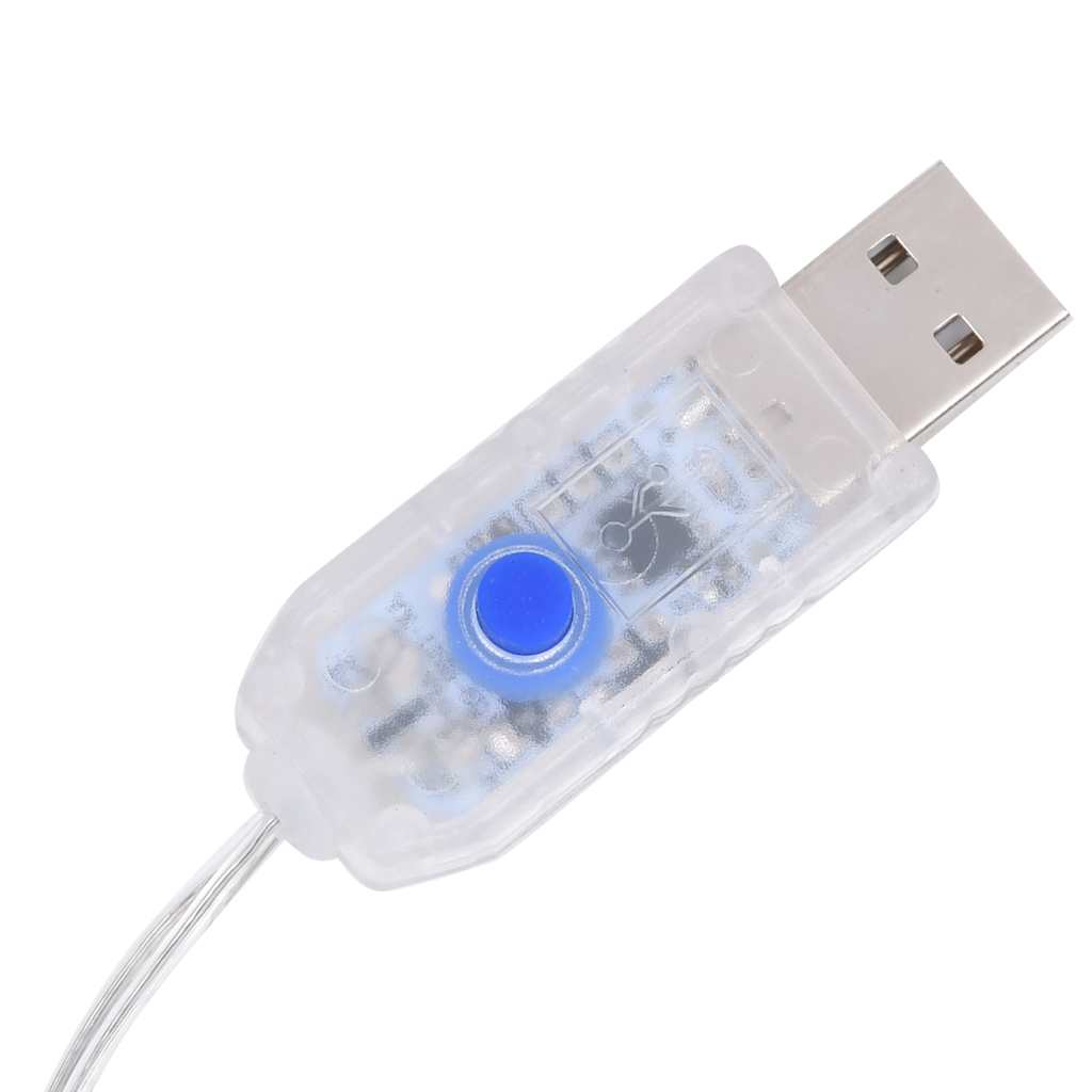 Close up of the USB connector and control button for the fairy lights