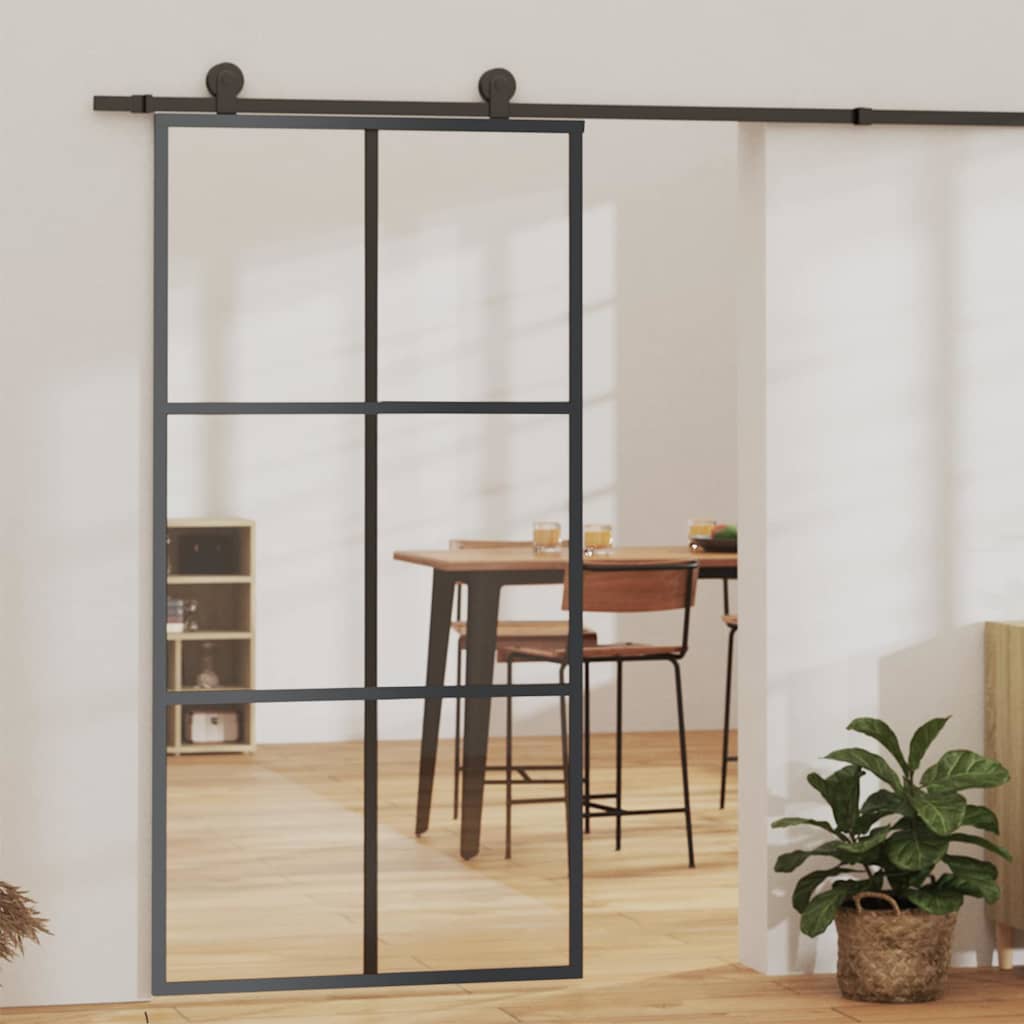 Sliding Door ESG Glass and Aluminium Black 102 x 205 cm 3x2 grids
