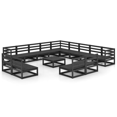 14 Piece Garden Lounge Set Black Solid Pinewood