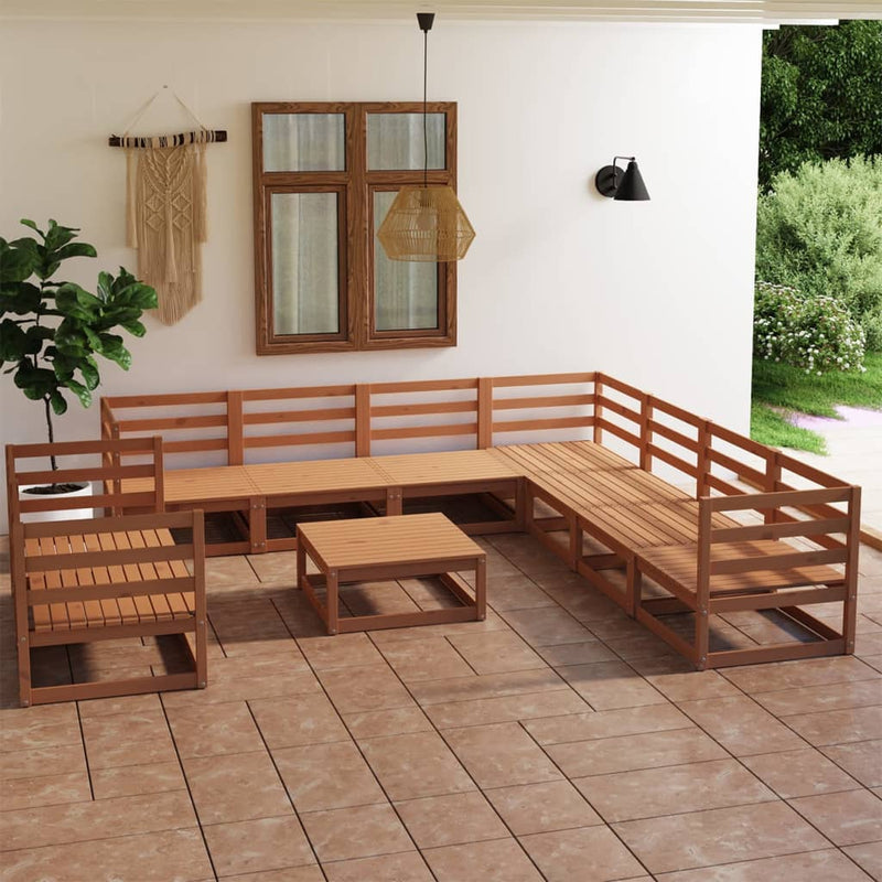 Conjunto de salón de jardín de 10 piezas de madera maciza de pino color marrón miel