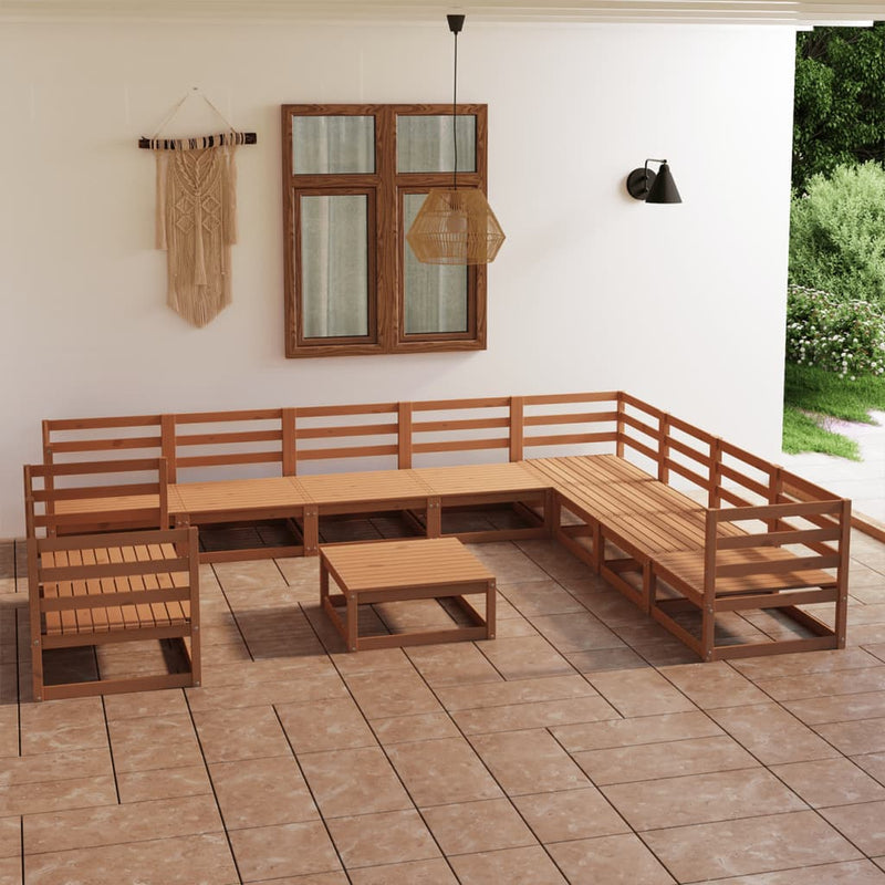 Conjunto de salón de jardín de 11 piezas de madera maciza de pino color marrón miel