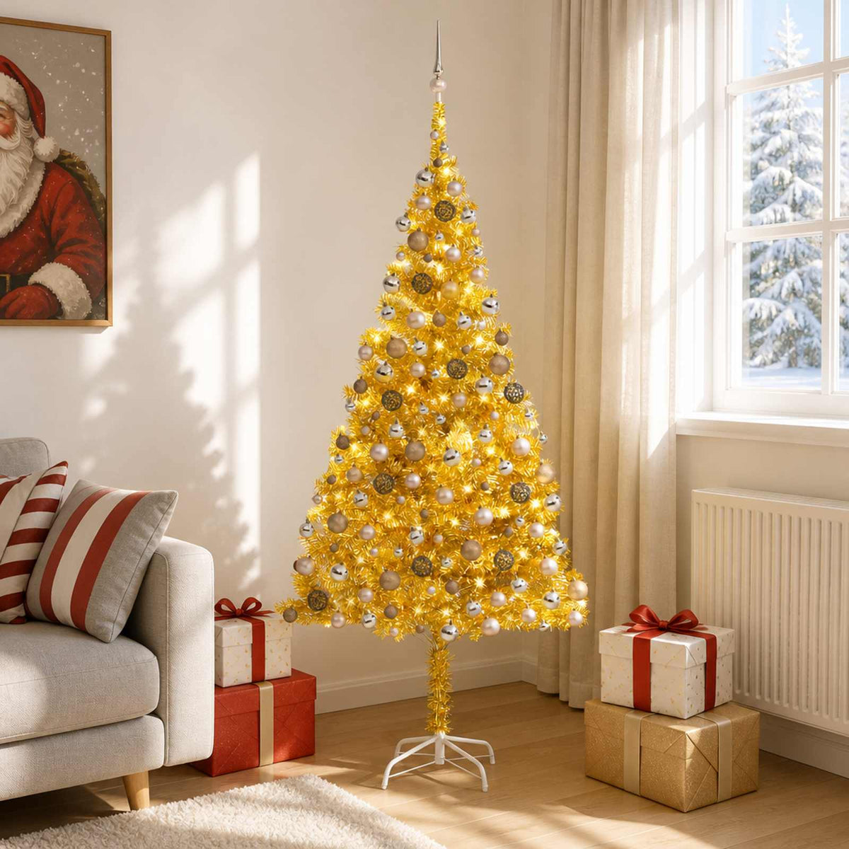 Christmas Tree with LED Light PET and Steel 210 cm Gold with 300 LEDs&rose gold balls