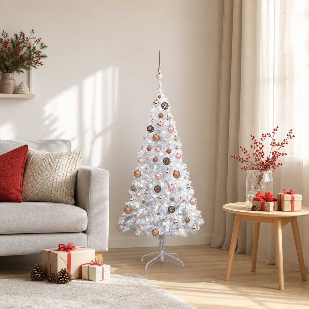 Christmas Tree PET 120 cm Silver with 150 LEDs&rose gold balls