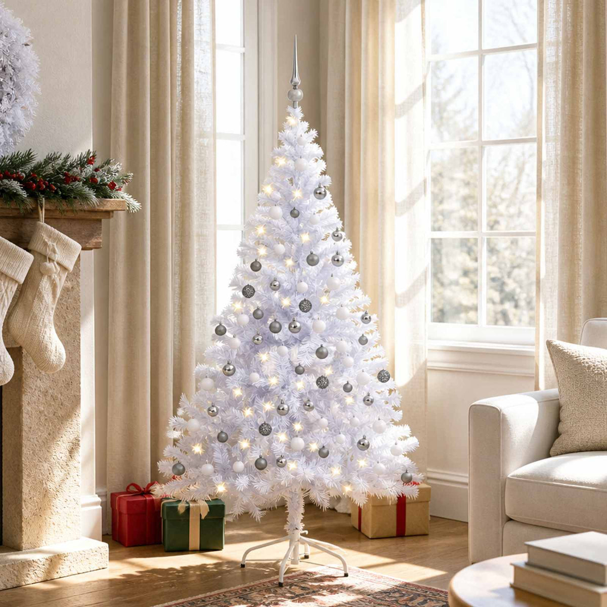 Artificial Pre-lit Christmas Tree with Ball Set 380 Branches 150 cm White with 150 LEDs&white/grey balls
