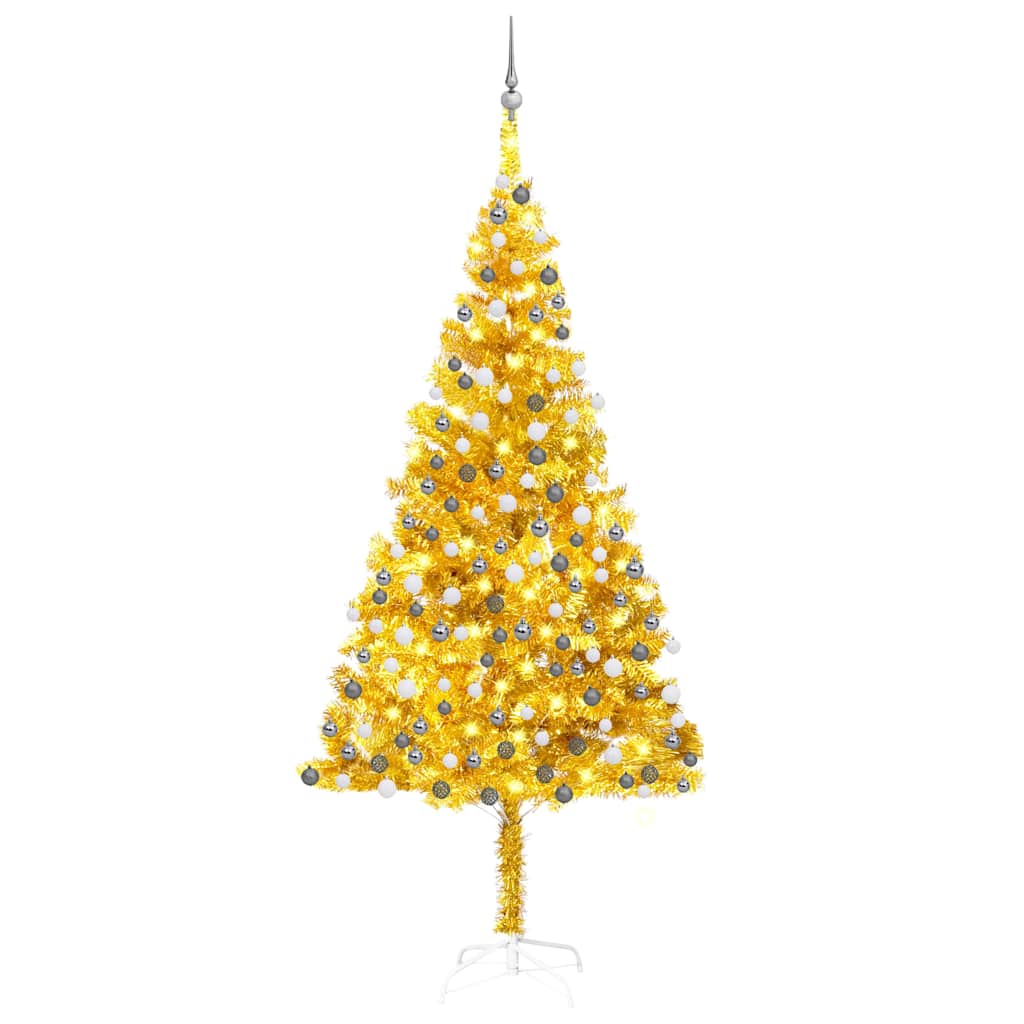 Christmas Tree with LED Light PET and Steel 210 cm Gold with 300 LEDs&white/grey balls