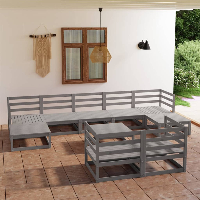 Conjunto de salón de jardín de 10 piezas de madera maciza de pino gris