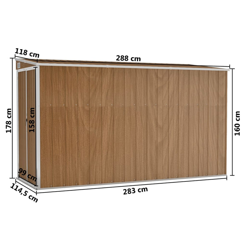 Wall-mounted Garden Shed Brown 118x288x178 cm Galvanised Steel