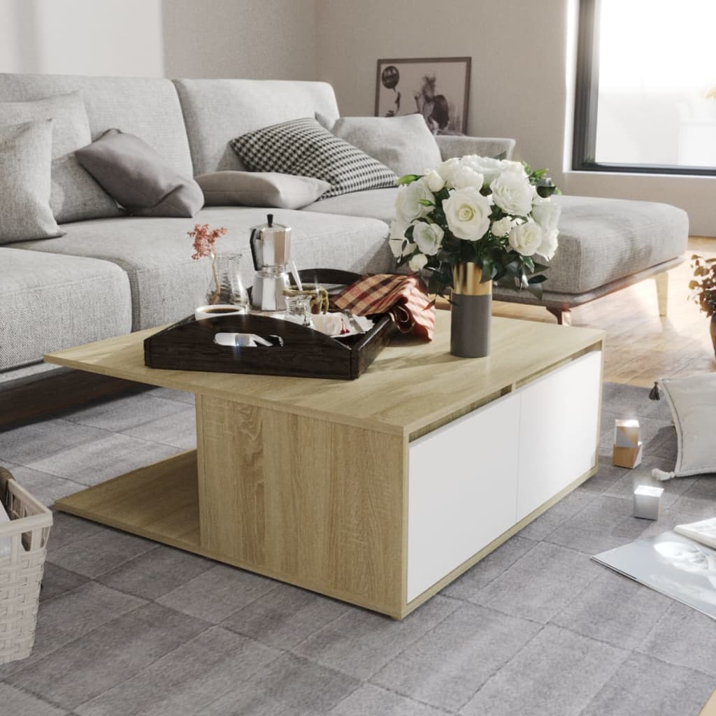 vidaXL Coffee Table | White and Sonoma Oak | Engineered Wood | 80 cm | Storage 1
