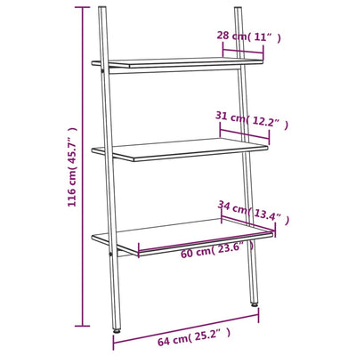 3-Tier Leaning Shelf Light Brown and Black 64x34x116 cm