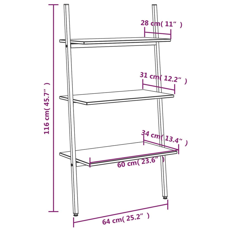 3-Tier Leaning Shelf Light Brown and Black 64x34x116 cm